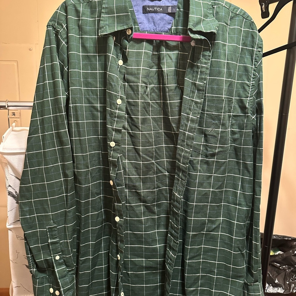 Nautica Green Casual Button Down Shirt with Windowpane Pattern
